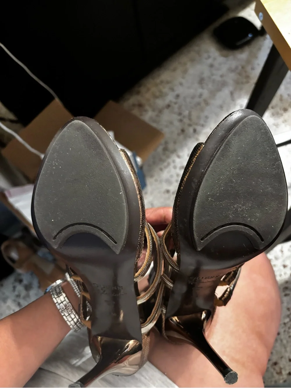 Guess by Marciano metallic bronze strappy caged stiletto 7.5